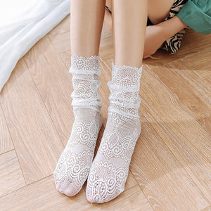 Women Black Lace Stockings Hollow Transparent Lace Stockings Pure Cotton Japanese Fleece Socks  Quilt Color Princess Socks | TageUnlimited