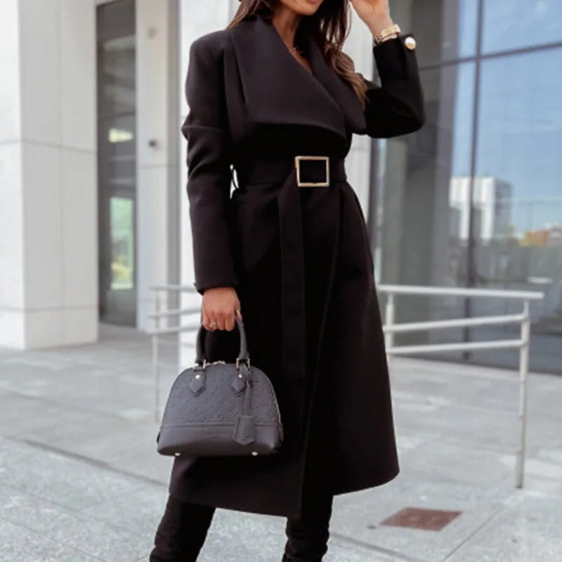 DIHOPE Autumn Winter Casual Simple Long Sleeve Button V-Neck Strap Long Woolen Coat Trench Fashion All-Match Women's clothing