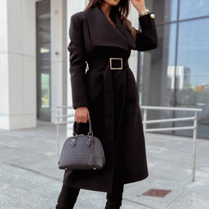 DIHOPE Autumn Winter Casual Simple Long Sleeve Button V-Neck Strap Long Woolen Coat Trench Fashion All-Match Women's clothing