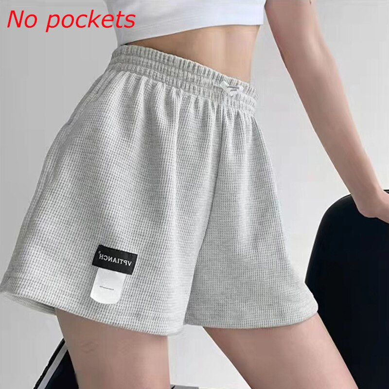 Waffle Women Shorts Hot Pants Sports Shorts Homewear Bottoms Solid Color Elastic Pockets Casual High Waisted Women Loose Short | TageUnlimited