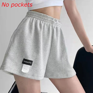 Waffle Women Shorts Hot Pants Sports Shorts Homewear Bottoms Solid Color Elastic Pockets Casual High Waisted Women Loose Short | TageUnlimited
