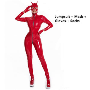 Women's Wet Look Shiny PU Faux Leather Jumpsuit Suit Long Sleeve Zipper Open Crotch Latex Bodysuit Clubwear Plus Size S-5XL | TageUnlimited