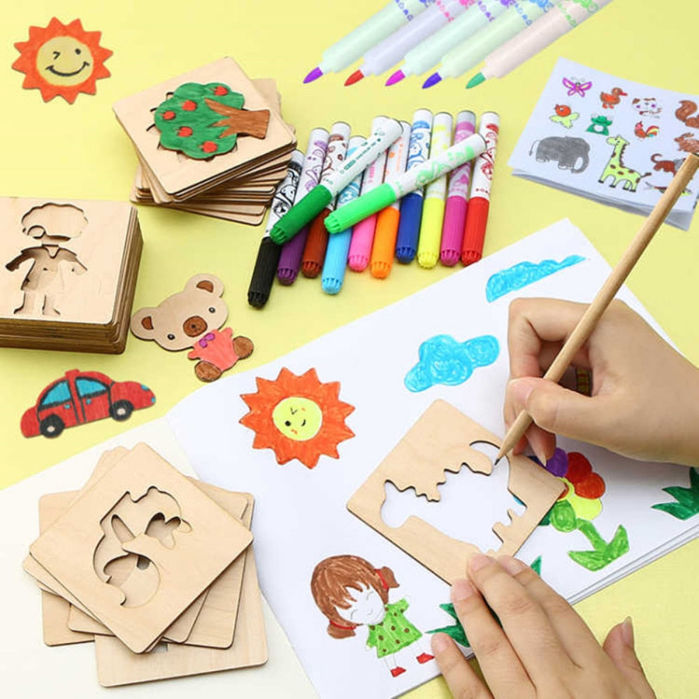 20pcs Montessori Kids Drawing Toys Wooden DIY Painting Stencils Template Craft Toys Puzzle Educational Toys for Children Gifts | TageUnlimited
