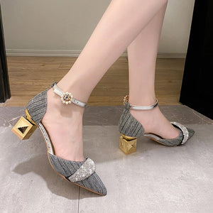 Bling Crystal High Heels Pumps Women Elegant Pearl Buckle Square Heels Wedding Party Shoes Ladies Pointed Toe Ankle Strap Pumps | TageUnlimited