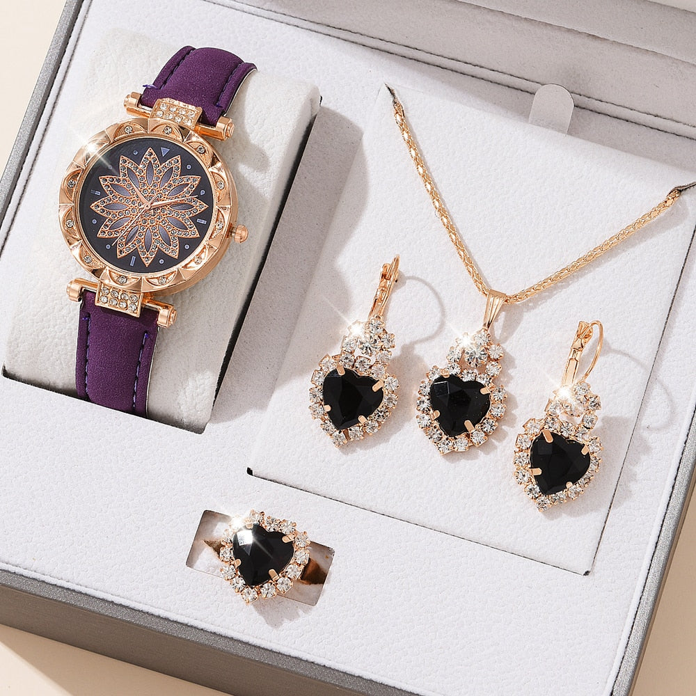 5pcs Set Watches Women Leather Band Ladies Watch Simple Casual Women Analog WristWatch Bracelet Gift | TageUnlimited
