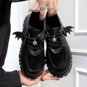 Metal Chain Platform Shoes Women Lolita Gothic Wing Design Shoes for Women College Style Leather Pumps Women Uniform Shoes