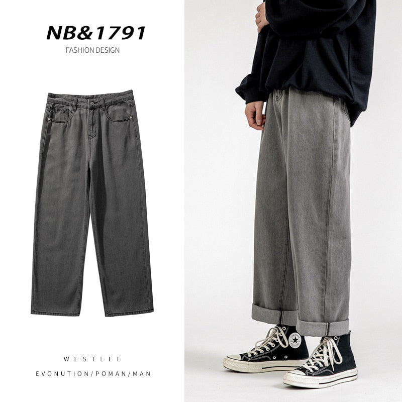 Korean Fashion Men Baggy Jeans Classic All-match Solid Color Straight-leg Denim Wide-leg Pants Male Light Blue Grey Black | TageUnlimited