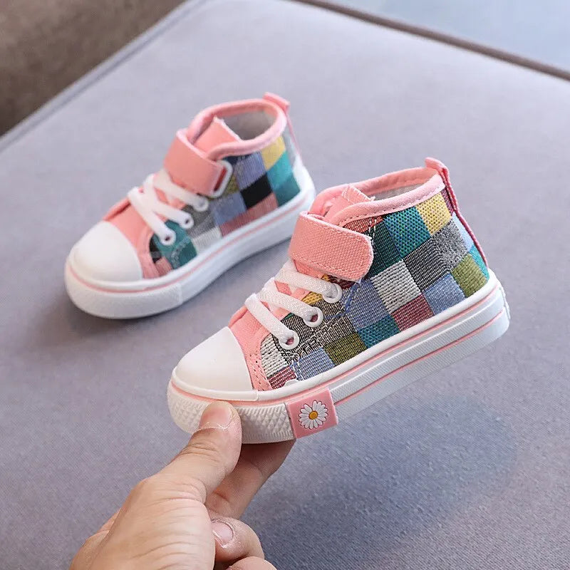 Children Sneakers Kids Casual Shoes Boys Girls Canvas Shoes High Top Checkered Lattice Fashion Breathable Soft Spring | Gender neutral shoes | TageUnlimited