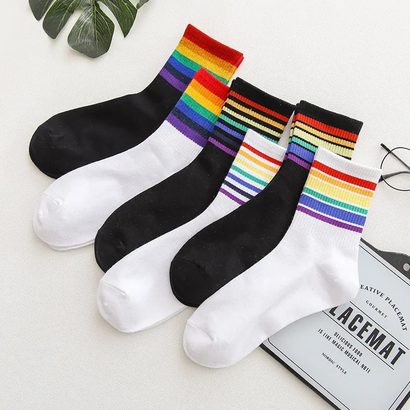 LGBT Striped Fashion Korean Streetwear Women Rainbow Socks Warm Funny Candy White Black Short Winter Cotton Sport Socks | LGBTQ+ Gifts | TageUnlimited