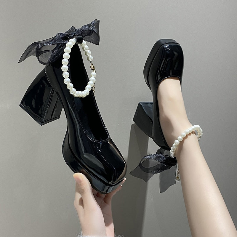 Ladies High Heels Elegant Bow Square Toe Black Fashion Women's Pumps Thick Heel Wedding Party Pearl Lace Wedding Shoes for Women | TageUnlimited
