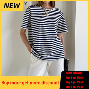 Summer Short Sleeve Striped T-Shirts Women Knitted Basic Casual Tops Female Cozy Loose Cotton Tees Harajuku Shirt | TageUnlimited