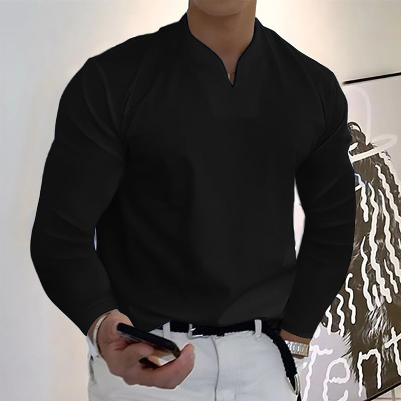 Men's Long Sleeve V-neck Solid Color T-shirt Elastic and Comfortable Loose Sports Shirt Polo Shirt Everyday Casual Wear S-2XL | TageUnlimited