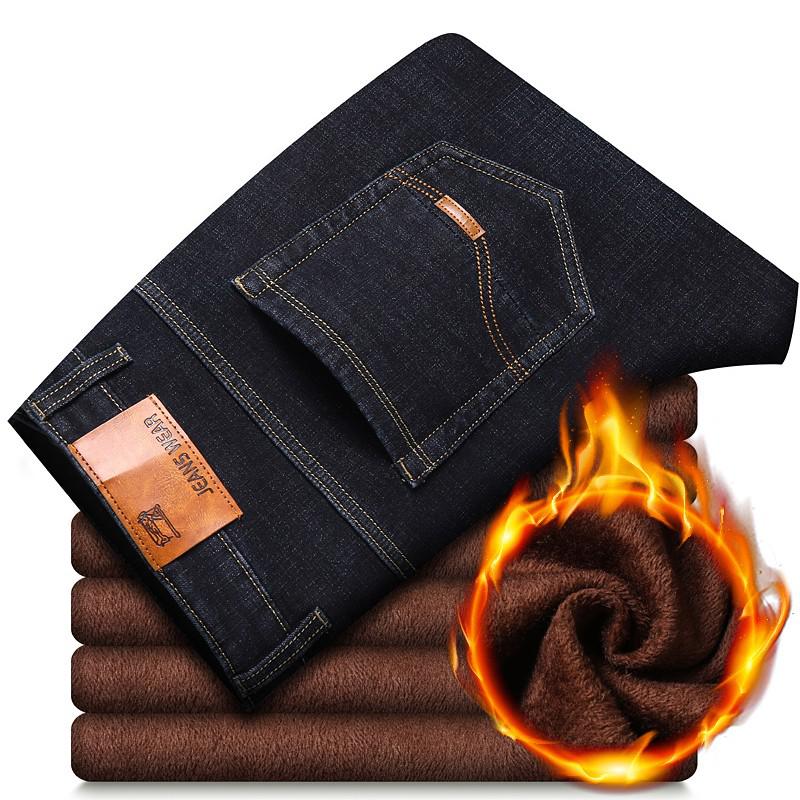 Winter Thermal Warm Flannel Stretch Jeans Mens Quality Famous Brand Fleece Pants Men Straight Flocking Trousers Jean Male | TageUnlimited