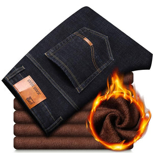 Winter Thermal Warm Flannel Stretch Jeans Mens Quality Famous Brand Fleece Pants Men Straight Flocking Trousers Jean Male | TageUnlimited
