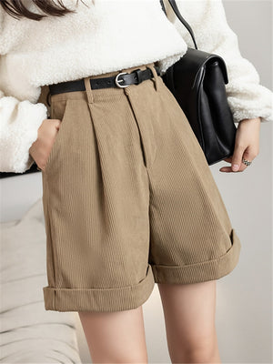 Seoulish New Corduroy Women Cargo Shorts with Belted Autumn Winter High Waist Wide Leg Shorts Vintage Female Trousers | TageUnlimited