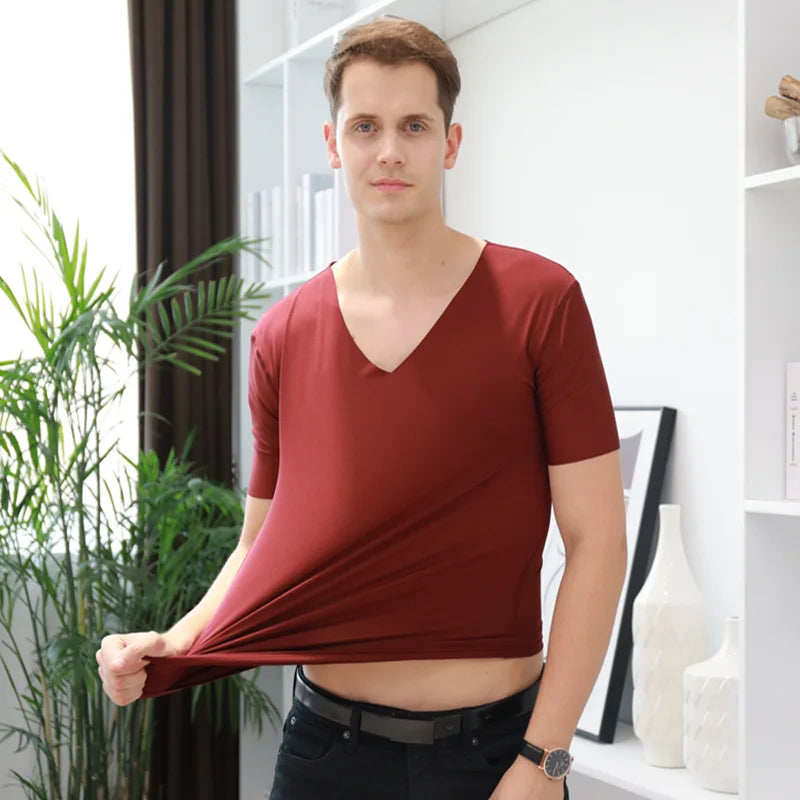 Summer Men's Ice Silk Vest Short Sleeves T Shirts V-Neck Tank Top Male Breathable Thin Seamless Undershirt Bodybuilding Singlets