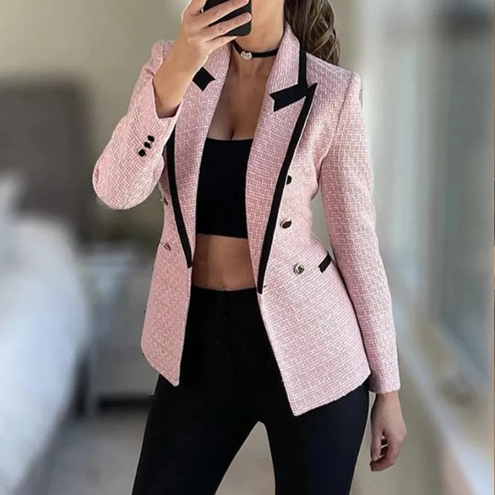 Women Fashion Double Breasted Houndstooth Blazer Coat Vintage Long Sleeve Flap Pockets Female Outerwear Chic Vestes