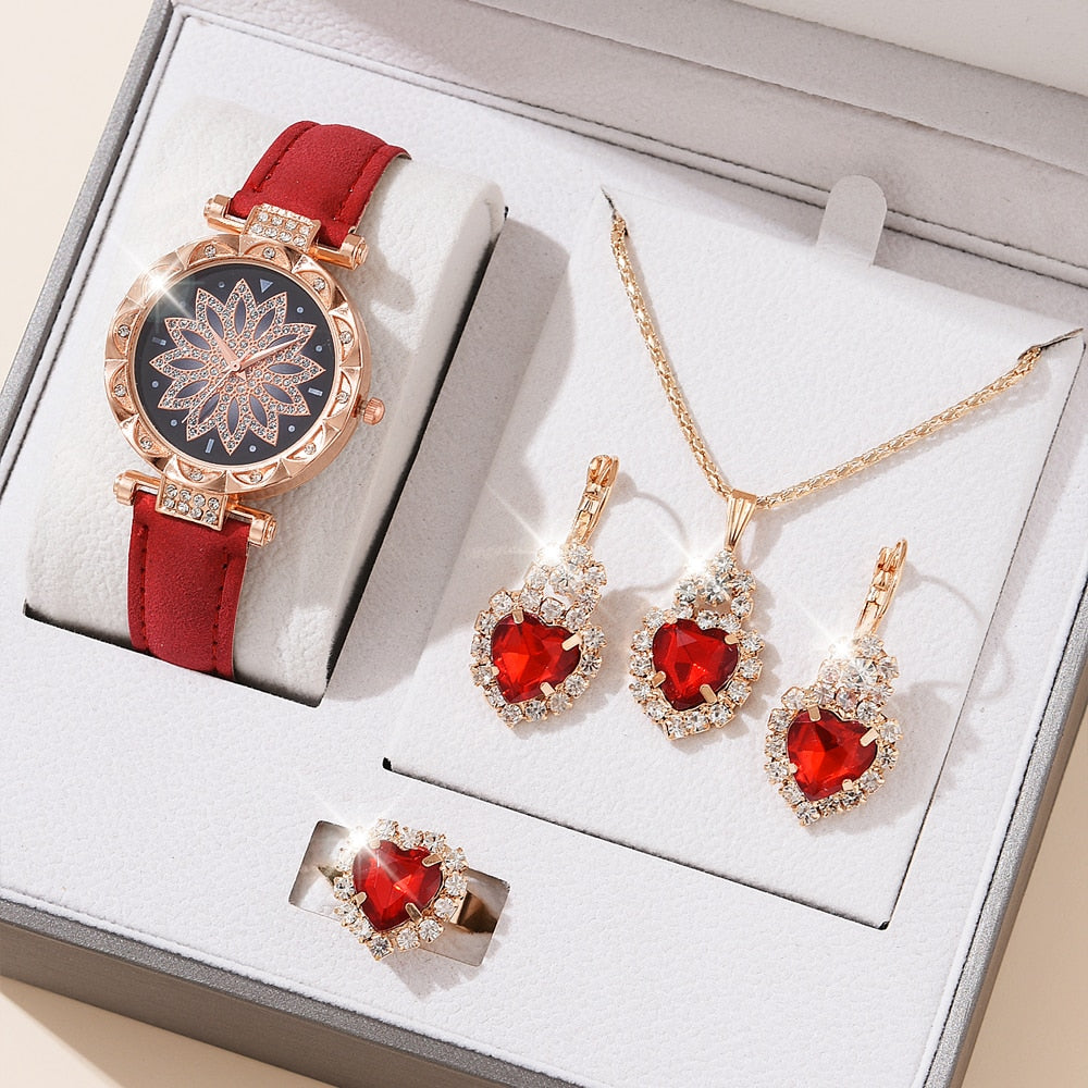 5pcs Set Watches Women Leather Band Ladies Watch Simple Casual Women Analog WristWatch Bracelet Gift | TageUnlimited