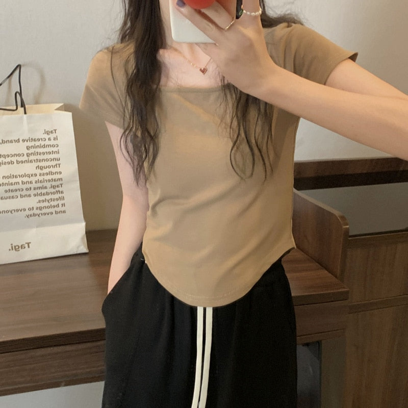 Women Long Sleeve Square Neck T-Shirt Spring And Autumn New Irregular Hem Slim Casual Top Girl Bottom Shirts | TageUnlimited