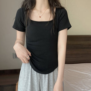 Women Long Sleeve Square Neck T-Shirt Spring And Autumn New Irregular Hem Slim Casual Top Girl Bottom Shirts | TageUnlimited