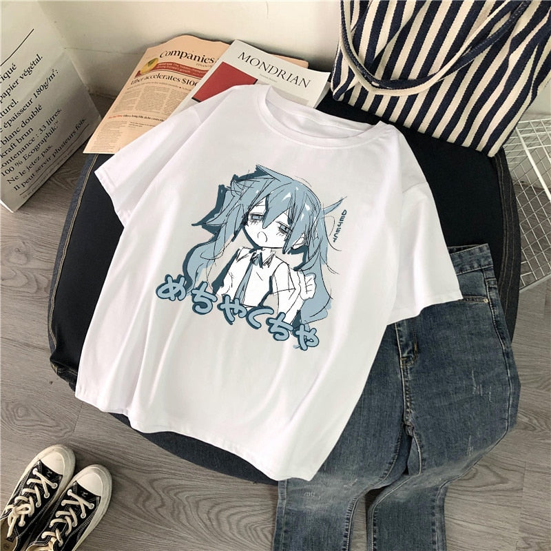 Manga Character Anime Print Harajuku Korean Top Women T-shirt Casual ladies basic O-collar Black White Short Sleeved Tshirt Girl | TageUnlimited