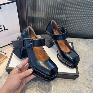 Ladies High Heels Elegant Bow Square Toe Black Fashion Women's Pumps Thick Heel Wedding Party Pearl Lace Wedding Shoes for Women | TageUnlimited