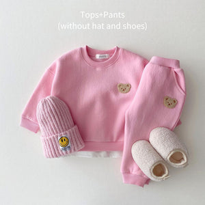 Kids Bear Embroidery Fleece Pullover Set 1-5yrs Sweatshirt Tops+Harem Jogger Pants Suits 2pcs Girls Fleece Lined Clothes | TageUnlimited