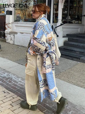 Fashion Patchwork Printed Cotton Long Coat Women Belt Full Sleeve 2023 Autumn Trench Female Vintage Turn Down Collar Streetwear