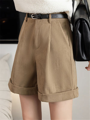 Seoulish New Corduroy Women Cargo Shorts with Belted Autumn Winter High Waist Wide Leg Shorts Vintage Female Trousers | TageUnlimited
