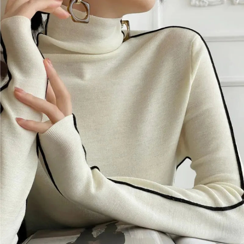 Pullovers Women Striped Turtleneck Warm Knitted Sweaters Autumn Y2K Elegant Korean Office Ladies Simple Design Bottom Jumpers | women sweater, women's sweater | TageUnlimited