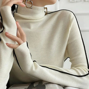 Pullovers Women Striped Turtleneck Warm Knitted Sweaters Autumn Y2K Elegant Korean Office Ladies Simple Design Bottom Jumpers | women sweater, women's sweater | TageUnlimited