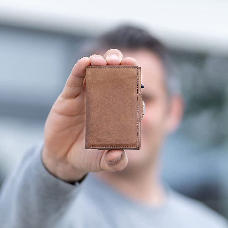 Pop-Up Credit Card Case with RFID Protection Genuine Leather  Wallet with Compartment for Notes and Coins for Men and Women | TageUnlimited