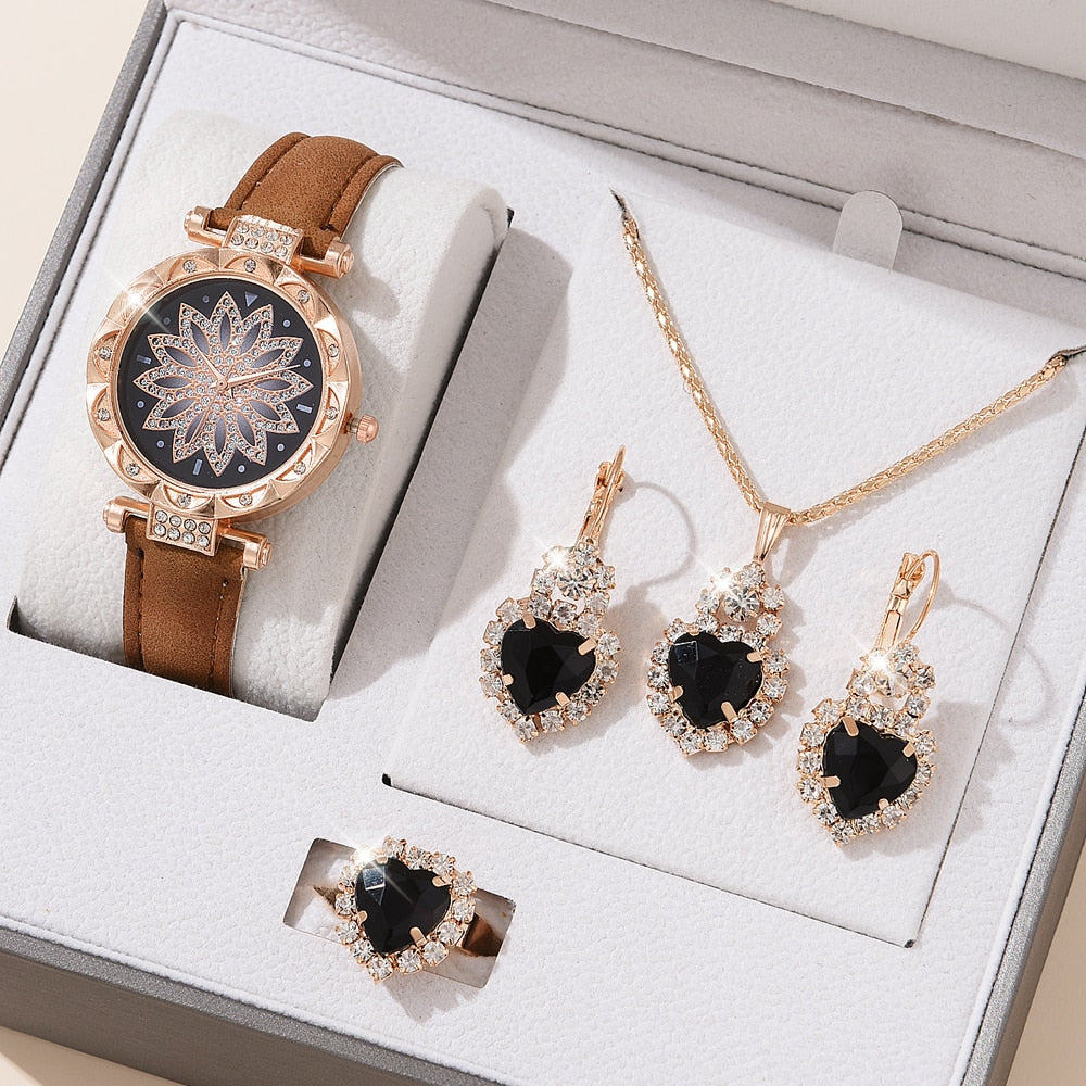New 5pcs Set Watches Women Leather Band Ladies Watch Simple Casual Women Analog WristWatch Bracelet Gift | TageUnlimited