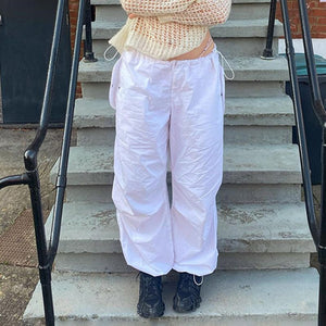 Women Casual Joggers Tech Pants Vintage Solid Low Waist Drawstring Baggy Trousers Y2K Wide Leg Sweatpants Streetwear Cargo Pants | 0 | TageUnlimited