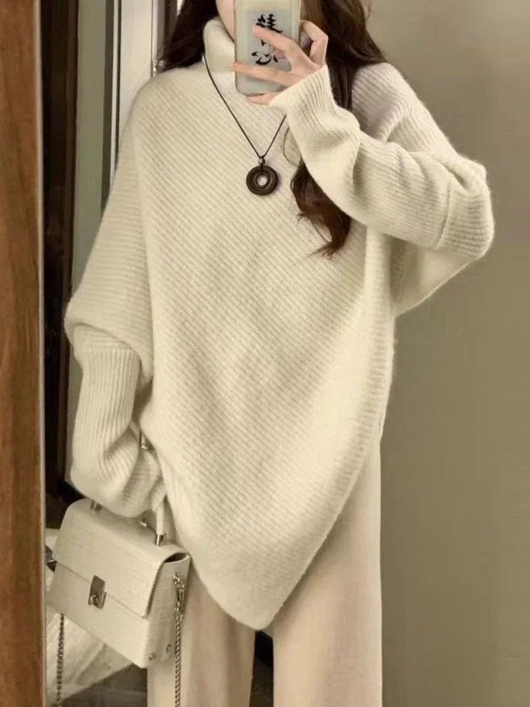 Turtleneck Sweater Women  Baggy Fashion Design Pullover French Solid Color Thickened Knit Jumper Oversized Sweater