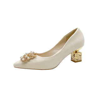 Autumn New Ladies High Heels Pointed Toe Shaped Heel High 5cm and 7cm Wedding Shoes Square Buckle Travel Banquet Shoe High Heels | TageUnlimited