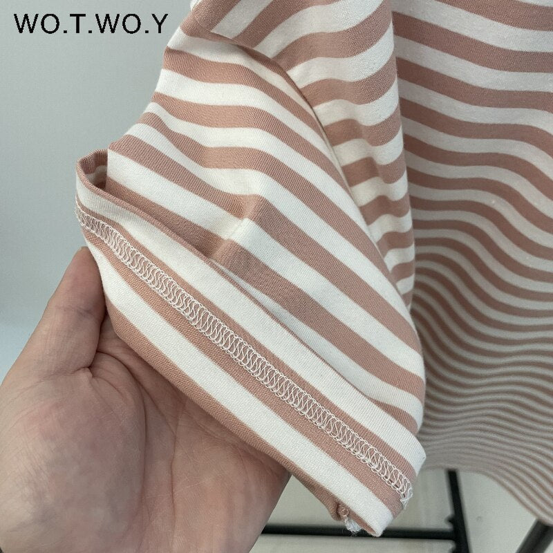 Summer Short Sleeve Striped T-Shirts Women Knitted Basic Casual Tops Female Cozy Loose Cotton Tees Harajuku Shirt | TageUnlimited