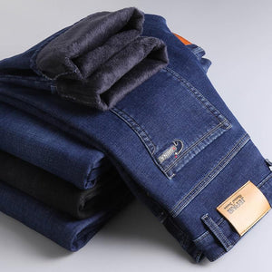 Winter Thermal Warm Flannel Stretch Jeans Mens Quality Famous Brand Fleece Pants Men Straight Flocking Trousers Jean Male | TageUnlimited