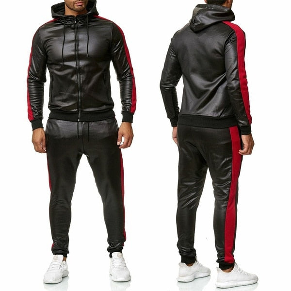 Mens Pu Leather Hoodies Set Casual Sweatsuit Hooded Jacket And Pants Jogging Suit Tracksuits | TageUnlimited
