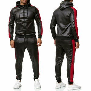 Mens Pu Leather Hoodies Set Casual Sweatsuit Hooded Jacket And Pants Jogging Suit Tracksuits | TageUnlimited