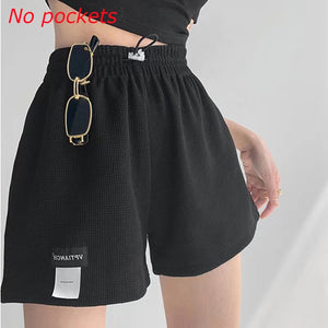 Waffle Women Shorts Hot Pants Sports Shorts Homewear Bottoms Solid Color Elastic Pockets Casual High Waisted Women Loose Short | TageUnlimited