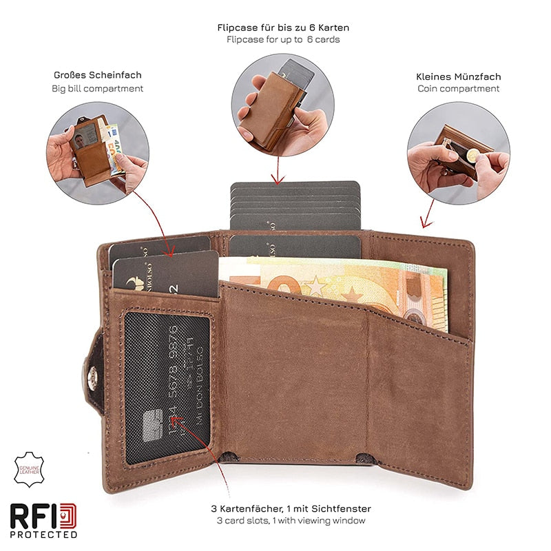 Vintage Crazy Horse Leather Men Wallets Luxury  RFID Protection Mini Metal Wallet  Zipper Coin Pocket  for Men and Women | TageUnlimited
