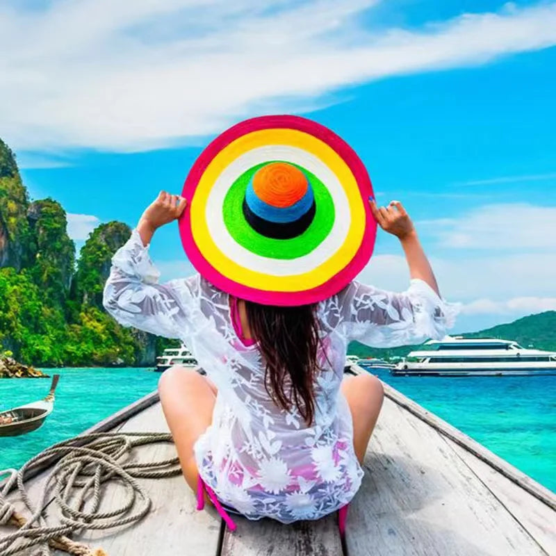 70cm Oversized  Wide Brim Sun Hat Travel  Large UV Protection Beach Straw Hats Women's Summer Floppy Foldable Chapeaux Wholesale
