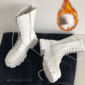 Women Mid Calf Boots Autumn Winter Boots Woman Fashion Lace-up Ladies Chelsea Zipper Botas Mujer Platform Heel Ladies Shoes | TageUnlimited