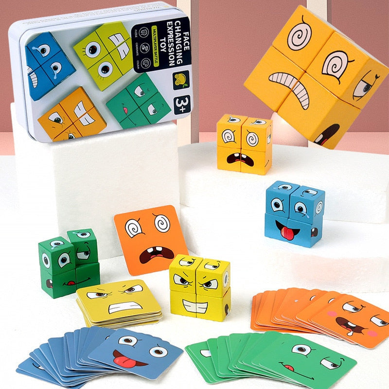 Cube Face Changing Building Blocks Board Game Wood Puzzle Montessori Expression Wooden Blocks Blocos For Children Kids Toys Gift | TageUnlimited