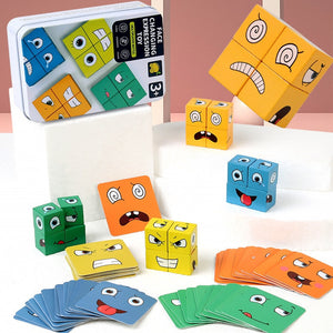 Cube Face Changing Building Blocks Board Game Wood Puzzle Montessori Expression Wooden Blocks Blocos For Children Kids Toys Gift | TageUnlimited