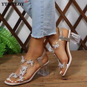 Summer Women Sandals Pvc Crystal Flower Decoration Chunky Heel Peep Toe Back Strap Elastic Band Elegant Fashion Shoes Ladies | TageUnlimited