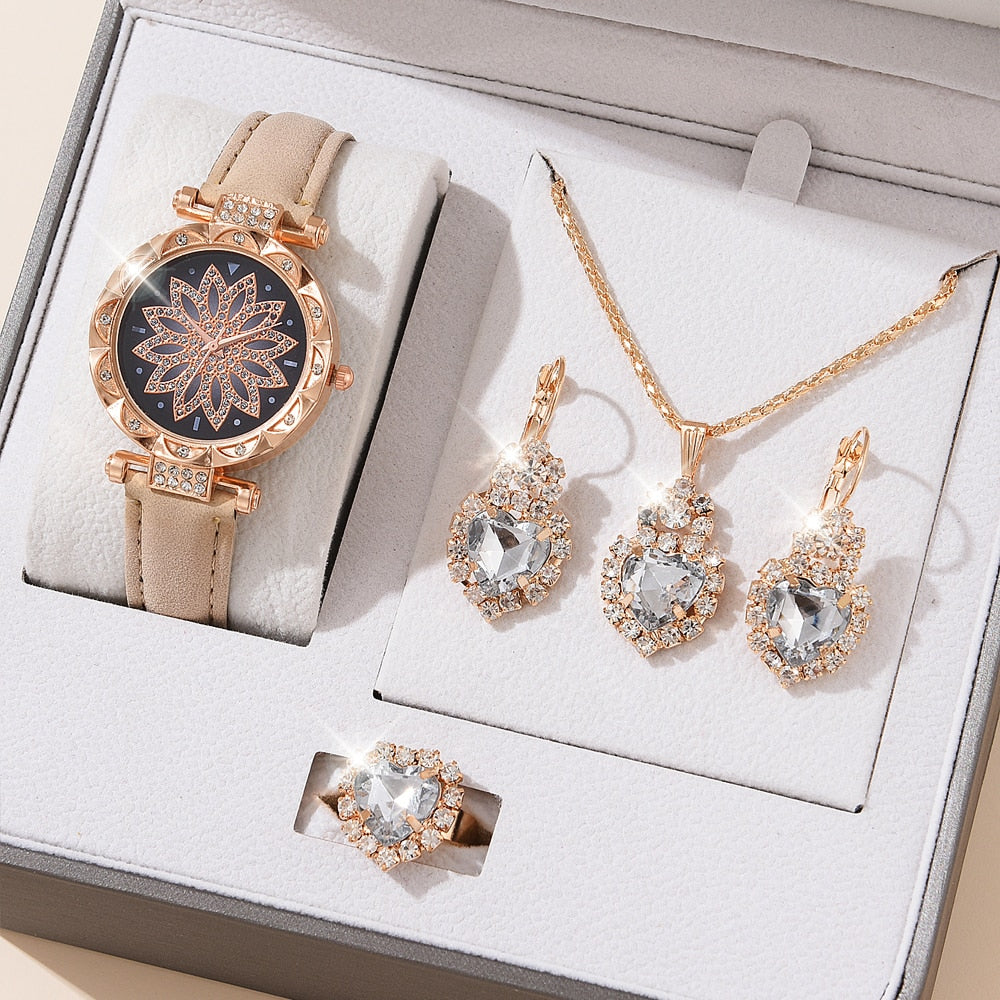 5pcs Set Watches Women Leather Band Ladies Watch Simple Casual Women Analog WristWatch Bracelet Gift | TageUnlimited