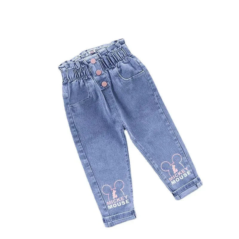 Kids Girl Jeans Floral Cartoon Long Pants Spring Autumn Graffiti Painting Print Casual Trousers with Hole Children Denim Pants