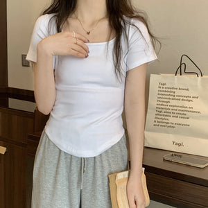 Women Long Sleeve Square Neck T-Shirt Spring And Autumn New Irregular Hem Slim Casual Top Girl Bottom Shirts | TageUnlimited